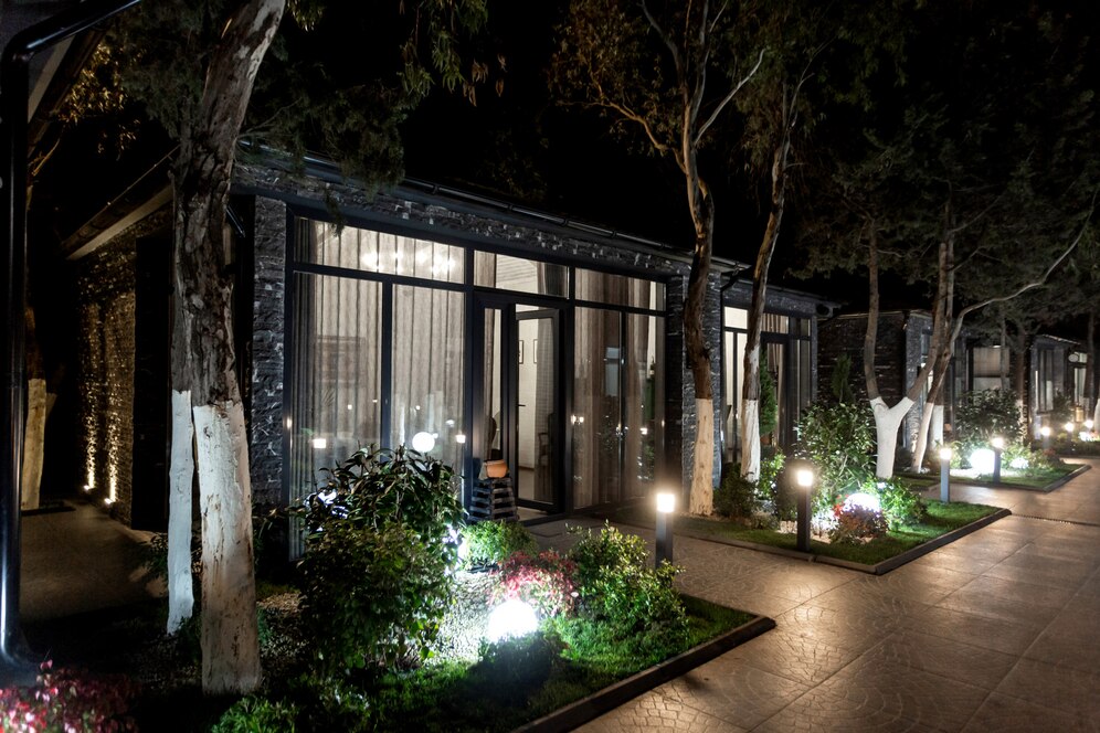 Outside view of the restaurant cottage at night time<br />